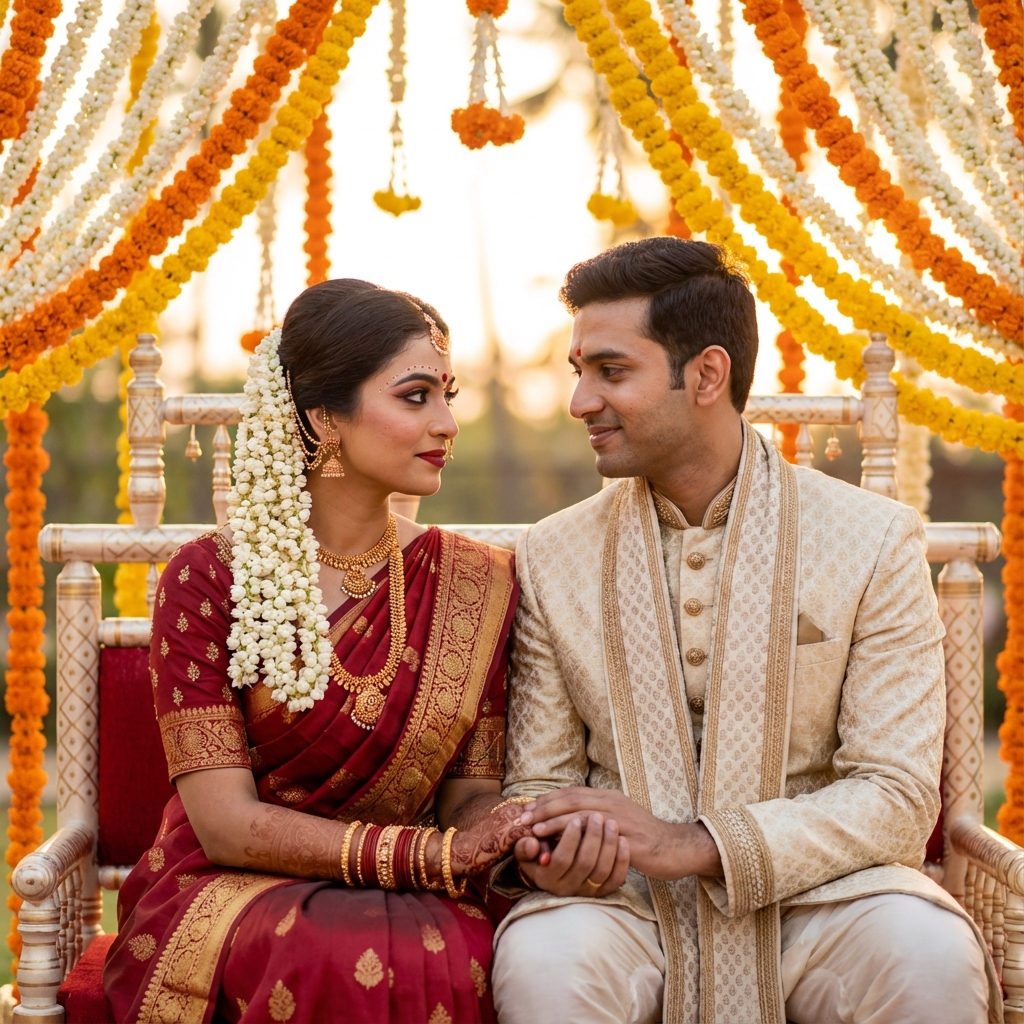 South Indian bridal hairstyle and groom makeup